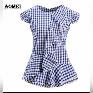 🆕Aomei Women's Top Sleeveless Blue Plaid Blouse Vintage Ruffle Trim Sz XL NWOT